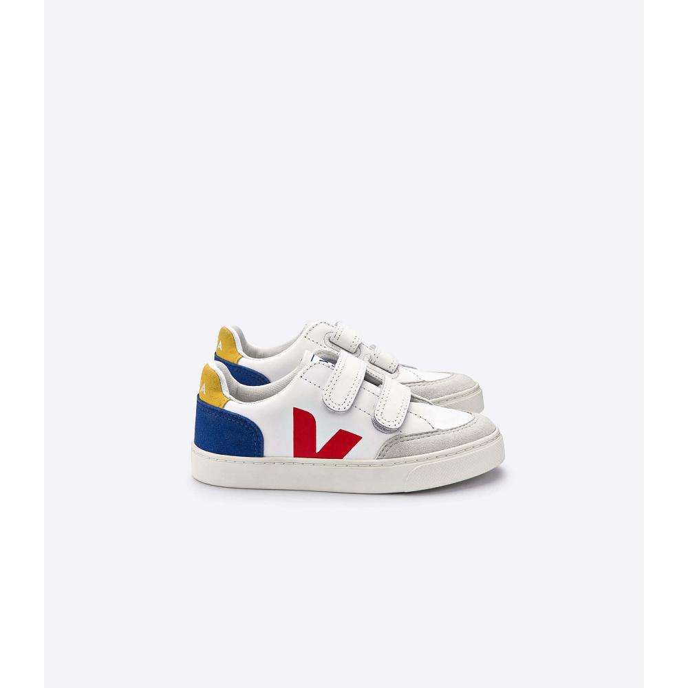 Kids\' Veja V-12 LEATHER Sneakers White/Red/Blue | SG 881HAP